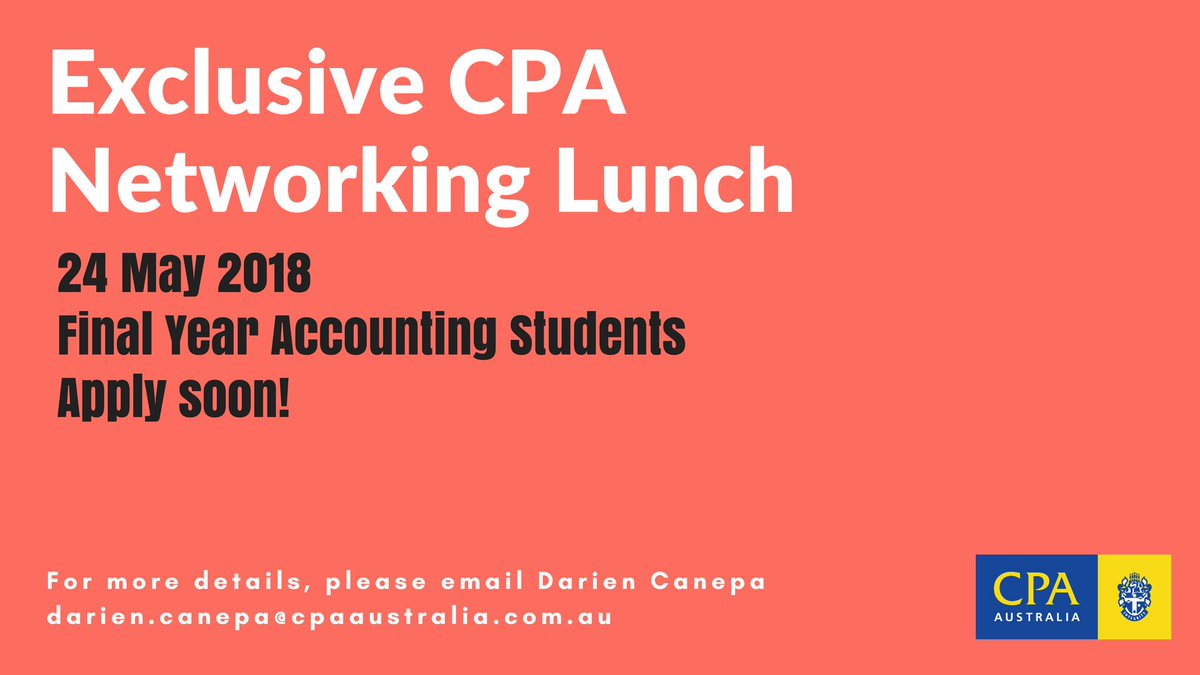 FlindersCareers's tweet photo. CPA Australia has an exciting opportunity for 20 final year accounting students to attend a networking lunch with CPA Young Professionals working across different industries and sectors. Register via CPA Australia Network https://t.co/k20FauCgnt https://t.co/gitWn5IKvY