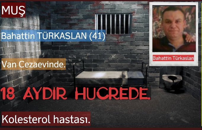 HÜCREDE 18 AY
Nasıl!
Roman yada Masal  başlığı olur mu?

BAHATTİN TÜRKASLAN 

Van Cezaevinde
💥Kolesterol hastası
💥Hücre cezasıyla yavaş yavaş öldürülüyor!
💥Kim bu adam
Cani mi? Katil mi? Hayır!
Fakir öğrencilere burs vermiş!

#HücreHapsineSonVerilsin
@velisacilik 
@fasibel