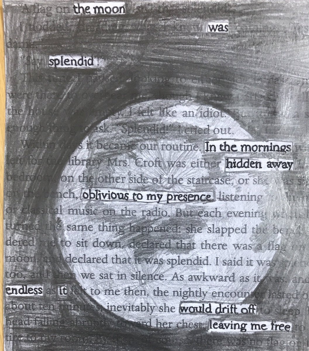 JESSEnglishDept's tweet photo. โThe moon was splendid: in the mornings hidden away, oblivious to my presence. Endless it would drift off - leaving me free.โ A blacked-out poem by Lorenzo Campos @JESS_Secondary #JESSCreative https://t.co/DA93YAgPTk