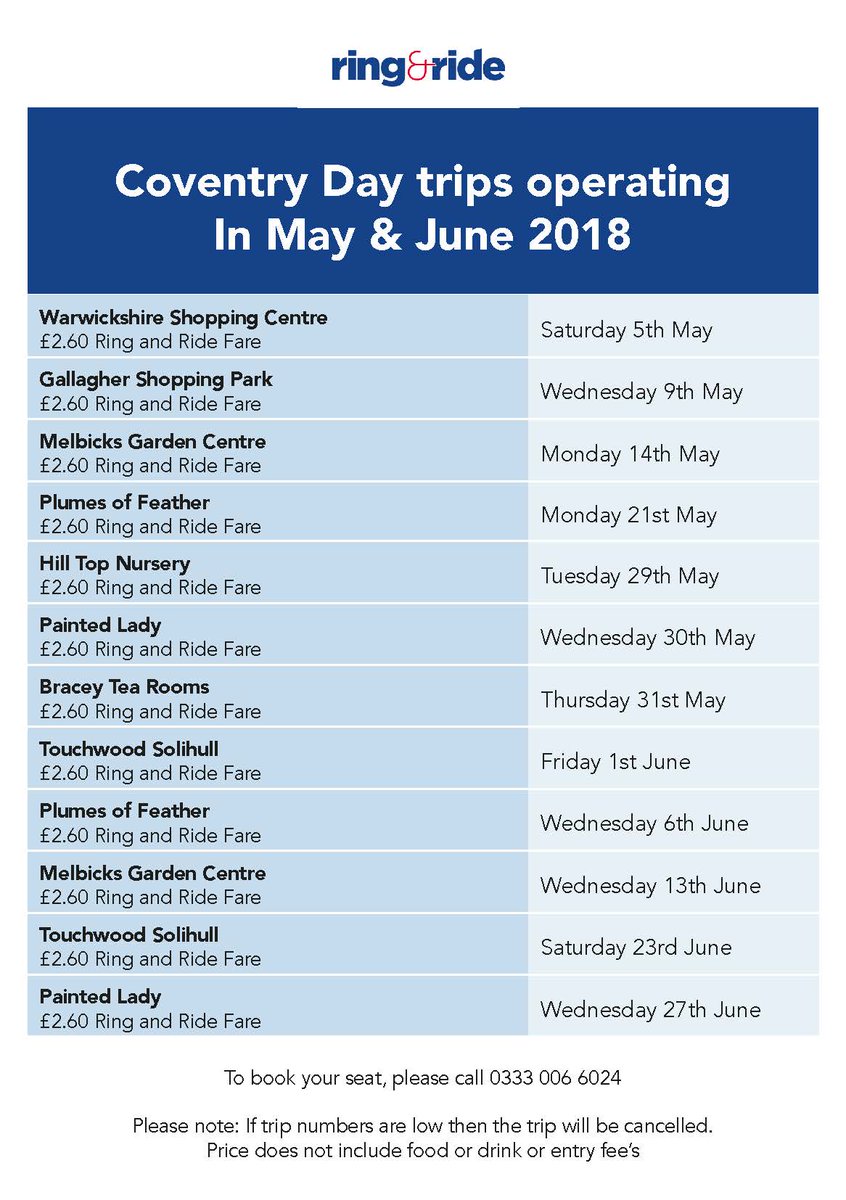 ringandridewm's tweet photo. For our coventry users, Here are your trips for May and June from the Hill Top Nursery to Touchwood, Solihull https://t.co/suueUaAkHa