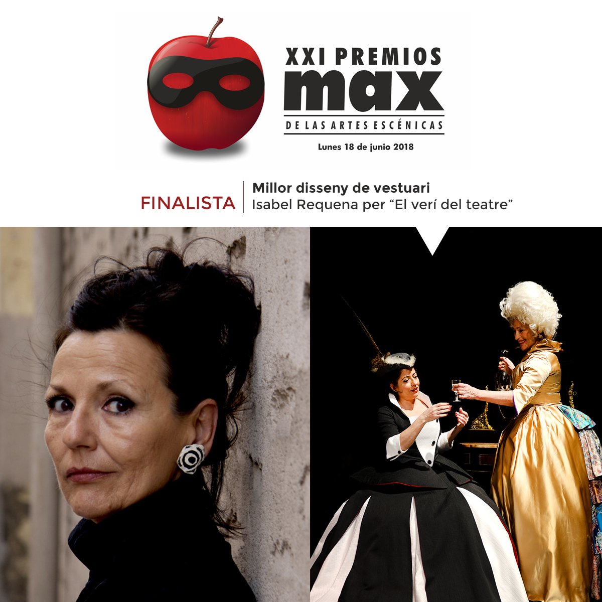 CTeatreMicalet's tweet photo. Ja coneixem els 57 finalistes als @PremiosMax de les Arts Escèniques i #IsabelRequena és Finalista a la categoria de Millor disseny de vestuari pel seu treball a la produció de #CompanyiaTeatreMicalet, #ElVeríDelTeatre! Enhorabona!!!! 🎉🎊👏👏
La gala, el 18 de juny, a Sevilla! https://t.co/yLNya6U6I6