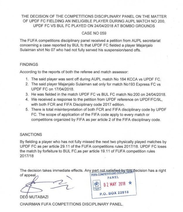 CliveKyazze's tweet photo. The @OfficialFUFA Competition Disciplinary Committee punishes @simbafc_ug for fielding Sulaiman Majanjalo against @Bulfc1. Majanjalo was serving a two match suspension at the time.
@muyitajoel @DhakabaKigongo @briantuka7 @dzyre256 musome amateeka
#UPPLive https://t.co/btBHzCMYc1