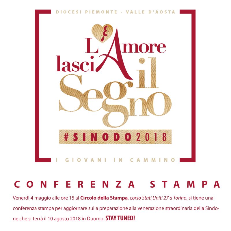 sinodo2018's tweet photo. Venerdì 4 maggio alle ore 15 presso il Circolo della Stampa, corso Stati Uniti 27 a Torino, si tiene una conferenza stampa per aggiornare sulla preparazione alla venerazione straordinaria della Sindone che si terrà il 10 agosto 2018 in Duomo.
STAY TUNED!!! https://t.co/SmUgJWZC5s