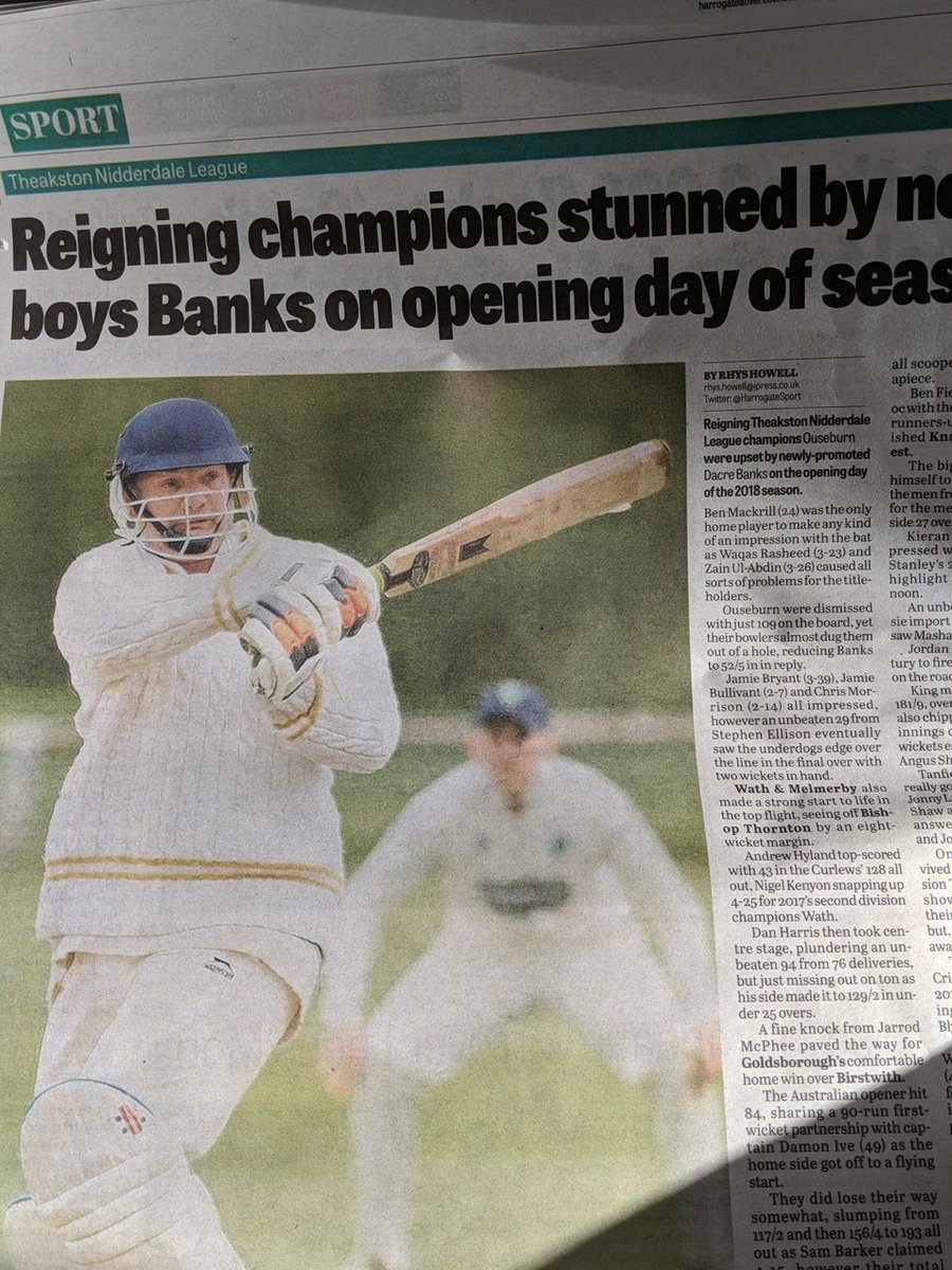 Good write up and photo spread in today's <a href="/HgateAdvertiser/">Harrogate Advertiser</a> <a href="/HarrogateSport/">Harrogate Advertiser Sport</a> Damon is pictured "double jumpering" last weekend. #tnl18  Full online article here harrogateadvertiser.co.uk/sport/cricket/… <a href="/m4cca149/">Jarrod McPhee</a> no face for print.