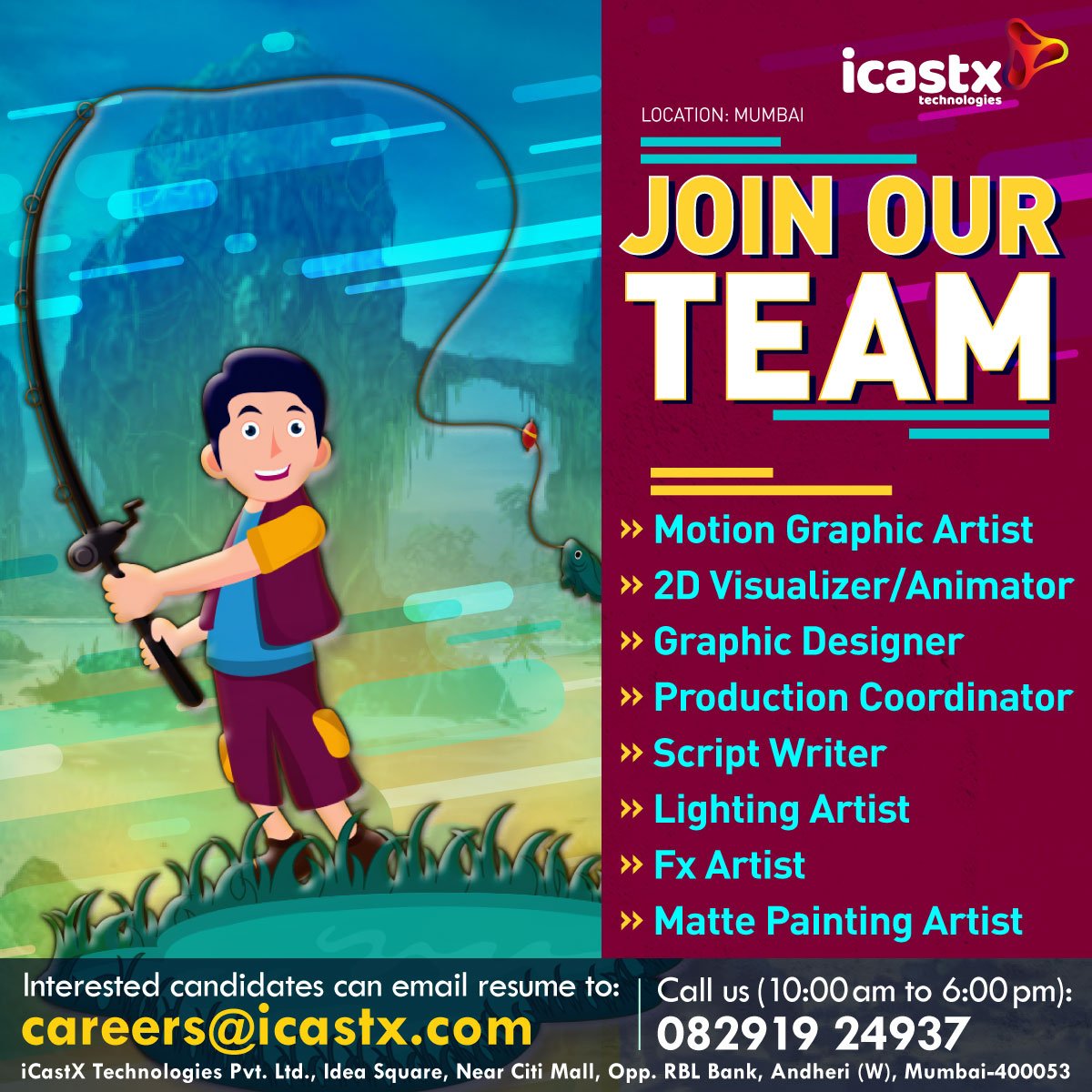 icastx's tweet photo. We are #Hiring for #VFX and #Animation - (Mumbai Location) Interested Candidates email their resumes to (careers@icastx.com) OR visit us on (https://t.co/nVg6xCevdv  ) #Animation #Animationindia @vfx_online @ILMVFX #job #India #pixelart #design #art #indiedev #gamedev https://t.co/UHCufcrEOX