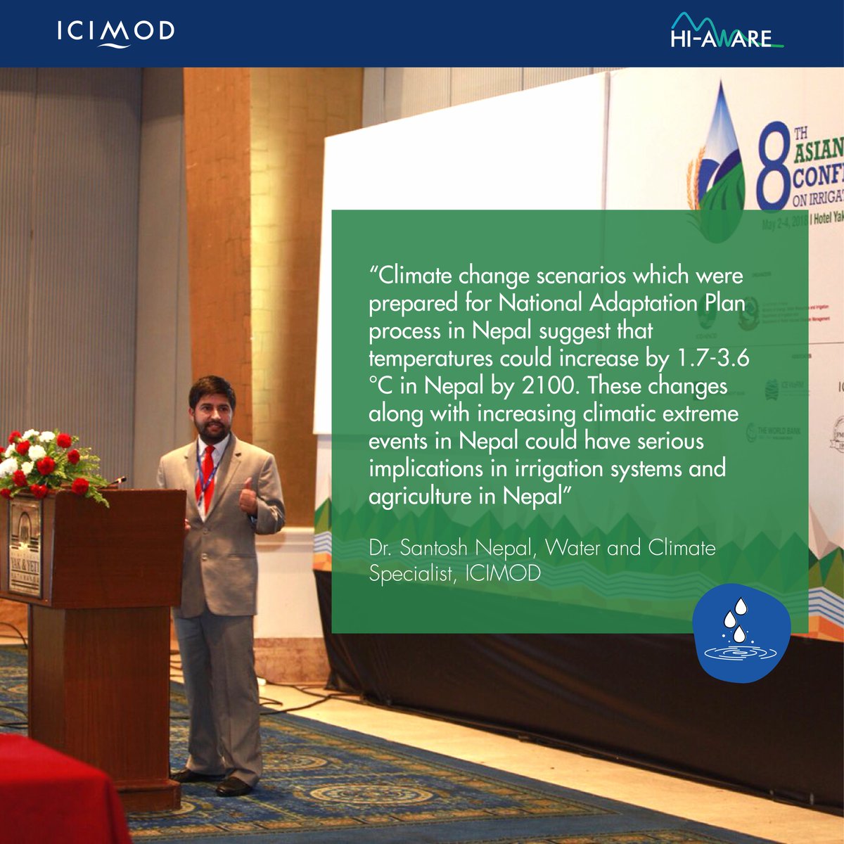 icimod's tweet photo. @santosh3nepal, Water and Climate Specialist, @ICIMOD speaking at a symposium organized by ICIMOD and @IWMI_ at  #ICID-NENCID's 8th Asian Reg. Conf. https://t.co/vxTC0BDL33  #nencid #8ARC @hi_aware  @nap_nepal https://t.co/5gVK2d6AuT