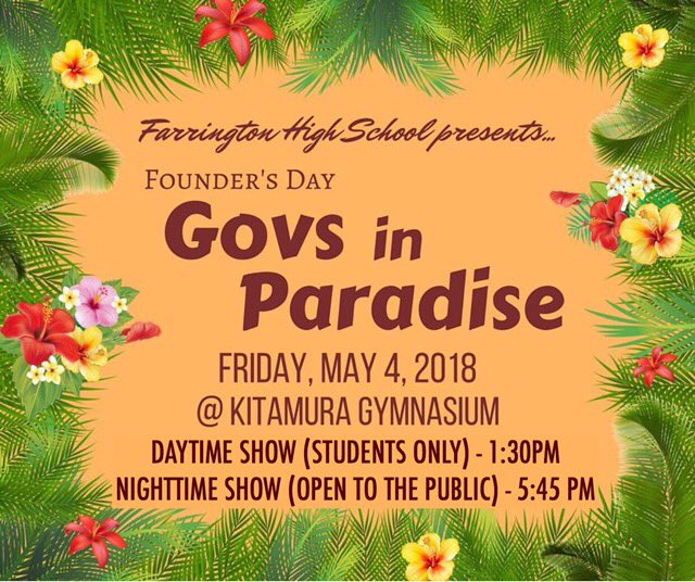 Govs2018's tweet photo. SENIORS! Founder’s Day is in TWO DAYS! Purchase pre-sale tickets for $7 from those in Founder’s Day court, or you can purchase a ticket for $10 at the door. This is a night of cultural celebration and fun that you don’t want to miss! See you there! 🌺🌴✨ https://t.co/eJsYpkUVxo