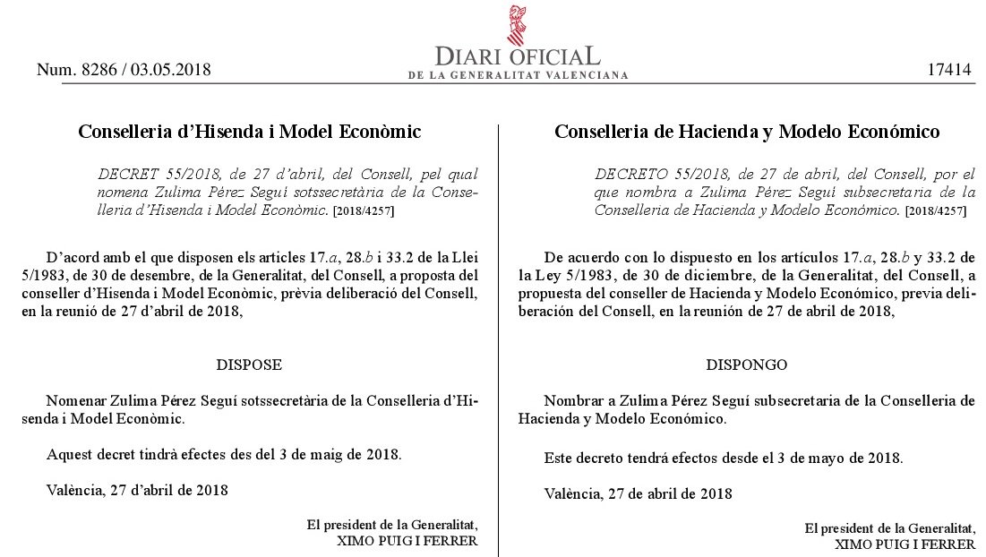 GVAhisenda's tweet photo. El #DOCV publica hui el nomenament de @Zulima_Perez com a Sotssecretària de @GVAhisenda. Benvinguda! 👏👏 https://t.co/gx7IVk16L3
