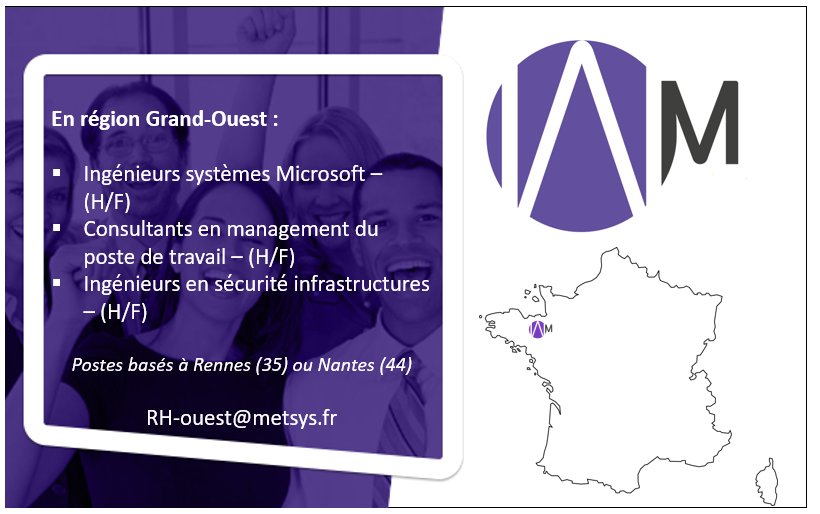 metsysgroup's tweet photo. [ CAP sur la Province : Metsys recrute ] - Au pays Bigouden (Nantes et Rennes), nous recherchons des ingénieurs systèmes Microsoft, des consultants en management du poste de travail et des ingénieurs en sécurité des infrastructures. Pour postuler : RH-ouest@metsys.fr https://t.co/M8B1AIEOca