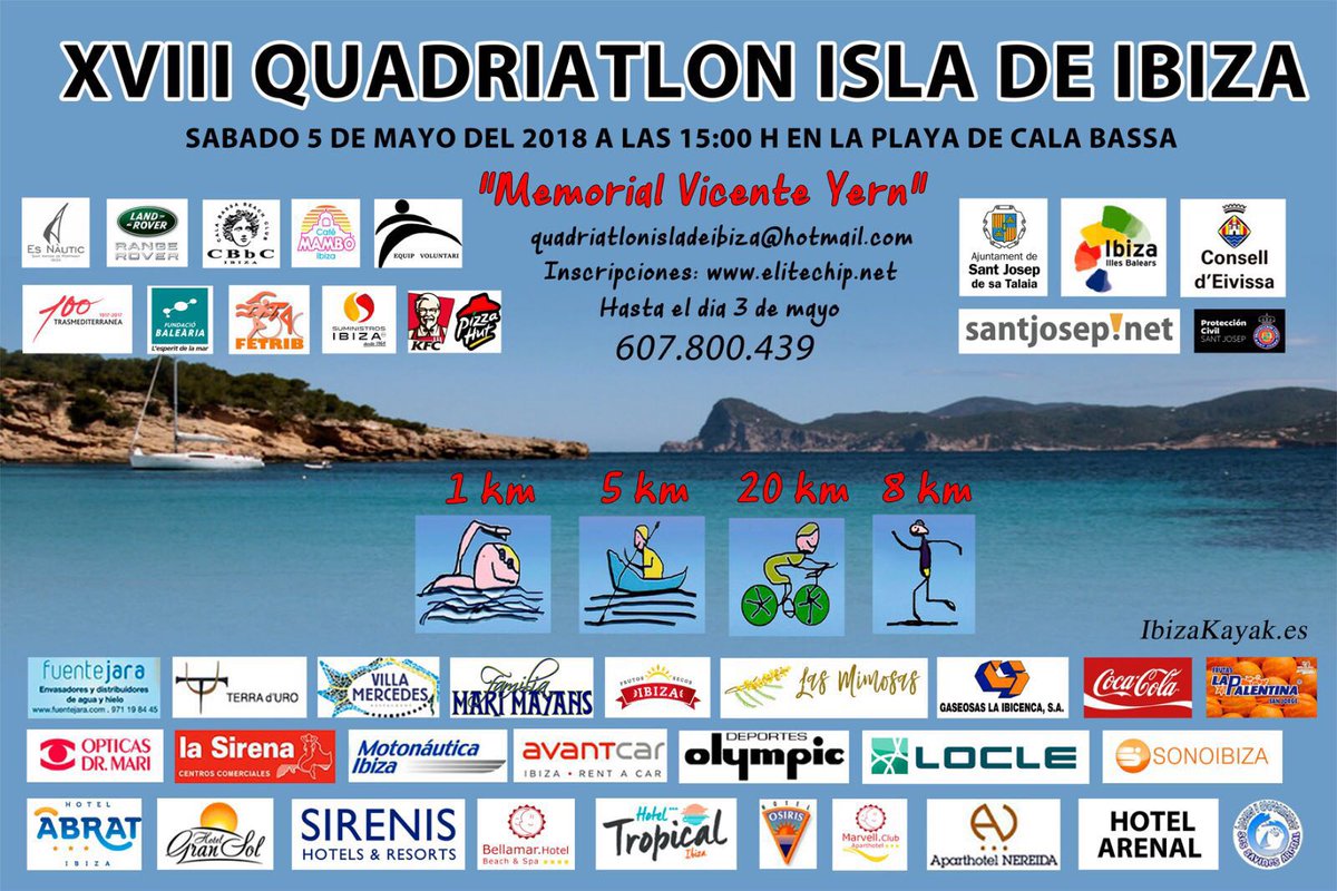 Orgullos de anunciar nuestra colaboración en la XVIII Quadriatlon Isla de Ibiza.
Se celebrará en la Playa Cala Bassa este sabado día 5 de mayo.