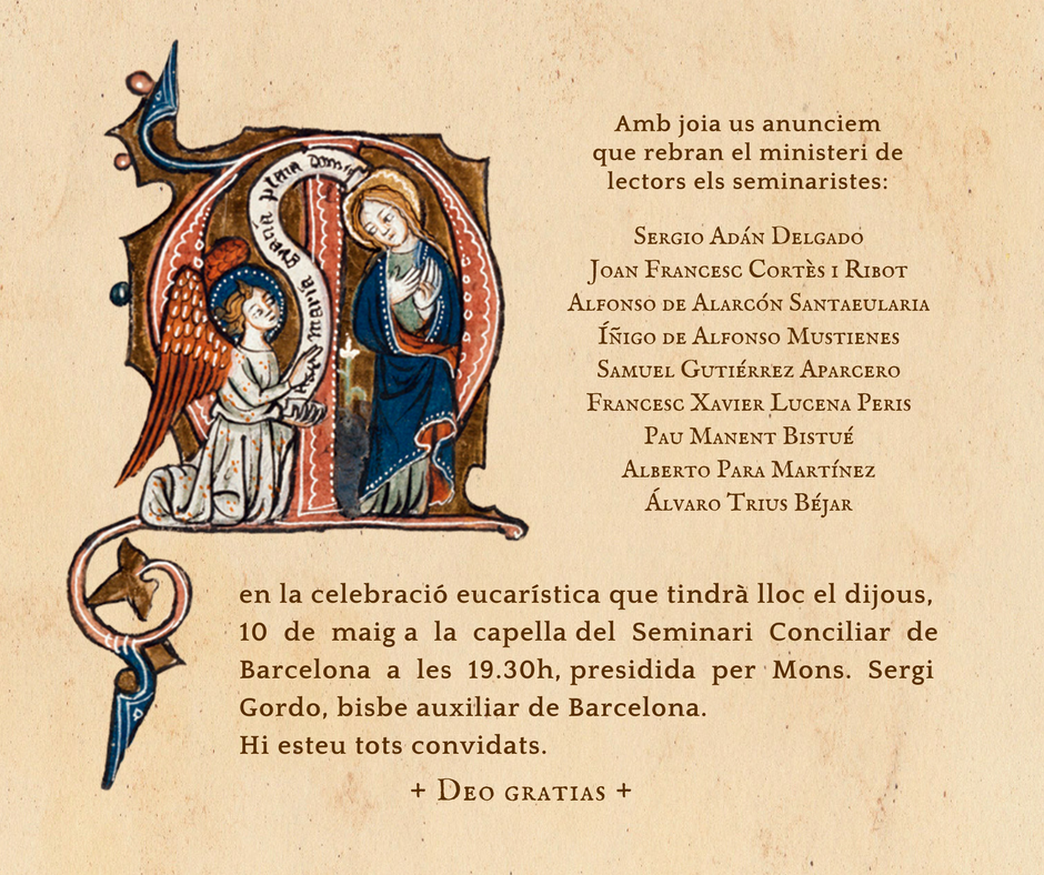 SeminariBcn's tweet photo. MINISTERI DE LECTORAT
El dijous 10 de maig a les 19.30 h en el @SeminariBcn seran instituïts lectors 9 seminaristes de les diòcesis de @esglesiabcn i @bisbatsantfeliu Preguem per tots ells!! 📖😁🙏
https://t.co/yLhEftWrH5 https://t.co/AKreVXvxrb