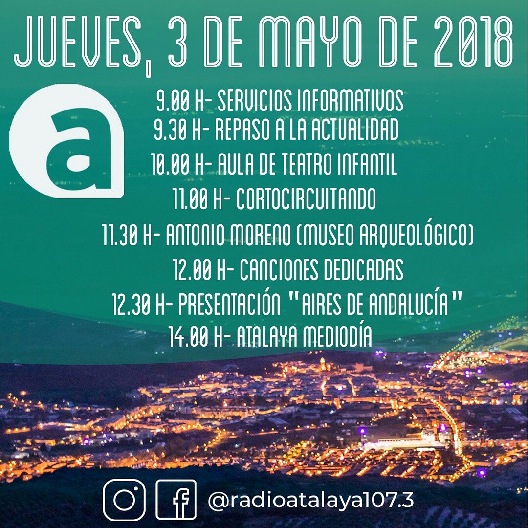 RAtalaya_Cabra's tweet photo. Programación de hoy, 3 de mayo
#programacion
#radio
#radioatalaya📻 
#magazine
#noticias
#actualidad
#journalism 
#informacion
#laradiomola https://t.co/iK0GMoWqam