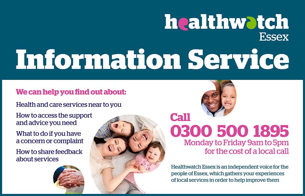 HWEssex's tweet photo. Questions or concerns about #health &amp; #care in #Essex? Our confidential &amp; independent Information Service is here to help on 0300 500 1895 @HWEInfoService https://t.co/JRrAc2AMLB