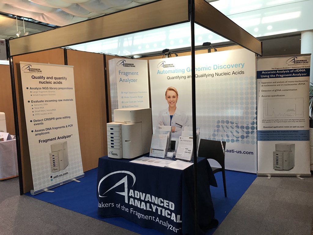 AATI_EU's tweet photo. @AATI_EU booth is all set up and ready at #ISMRC2018 in Montpellier. Come and see us to discuss solutions for cfDNA library preparation for NGS. #AATI will showcase its #FragmentAnalyzer and #FEMTOPulse. https://t.co/ZScFs3ksEr