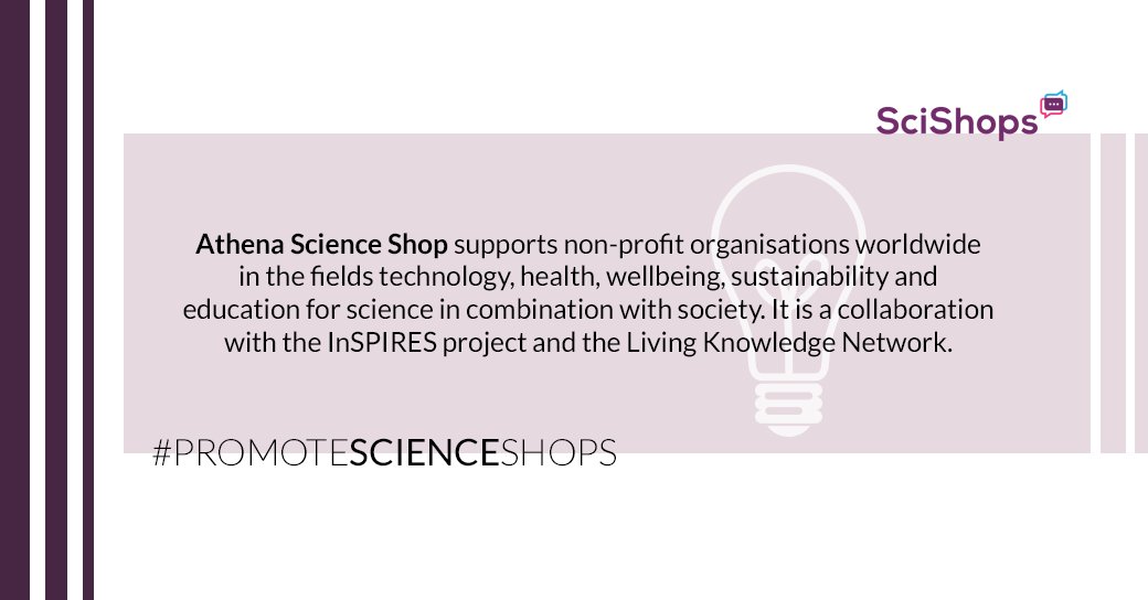 #promotescienceshops Athena Science Shop focuses on the topics 'Emerging Technologies and Society','Health, Wellbeing and Society','Sustainability and Society','Education for Science and Society'.
bit.ly/2qDDPDX