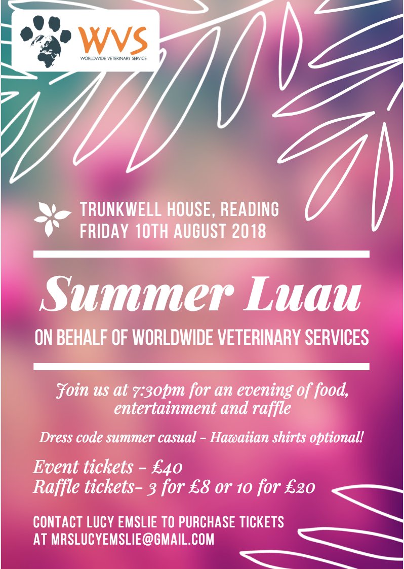 VernonLucy's tweet photo. Please see poster for my Summer Luau coming up in August to raise money for the charity Worldwide Veterinary Services @WVScharity Come join us for an evening of food and entertainment, or if you can't make it you can support us by purchasing raffle tickets. #reading #charity https://t.co/kuXZPySOz9