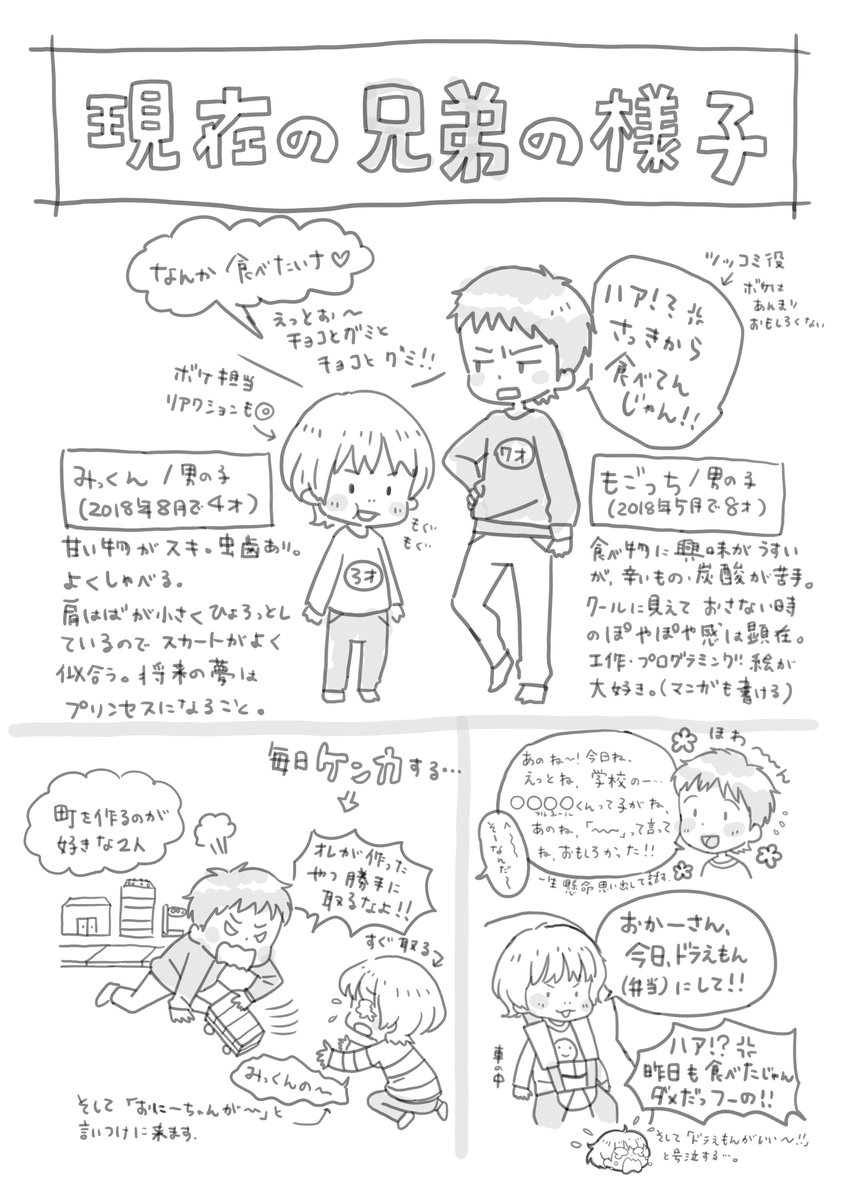 堂々と字を間違えていたことに気づく。
辺ではなく編だな?そうだな?あってる?
印刷これからなのでヨカッタ。

育児漫画は次男のみっくん出産後のエピソードを少し。と、今の兄弟の様子を描きました。よろしくです! 