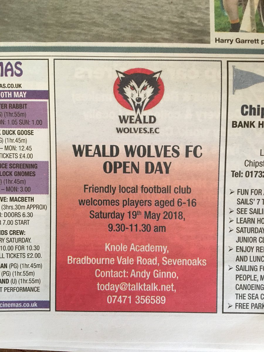 Appearing in the #sevenoaks <a href="/7OaksChronicle/">KentLive Sevenoaks</a> this morning. Open day at Weald Wolves for youth #football