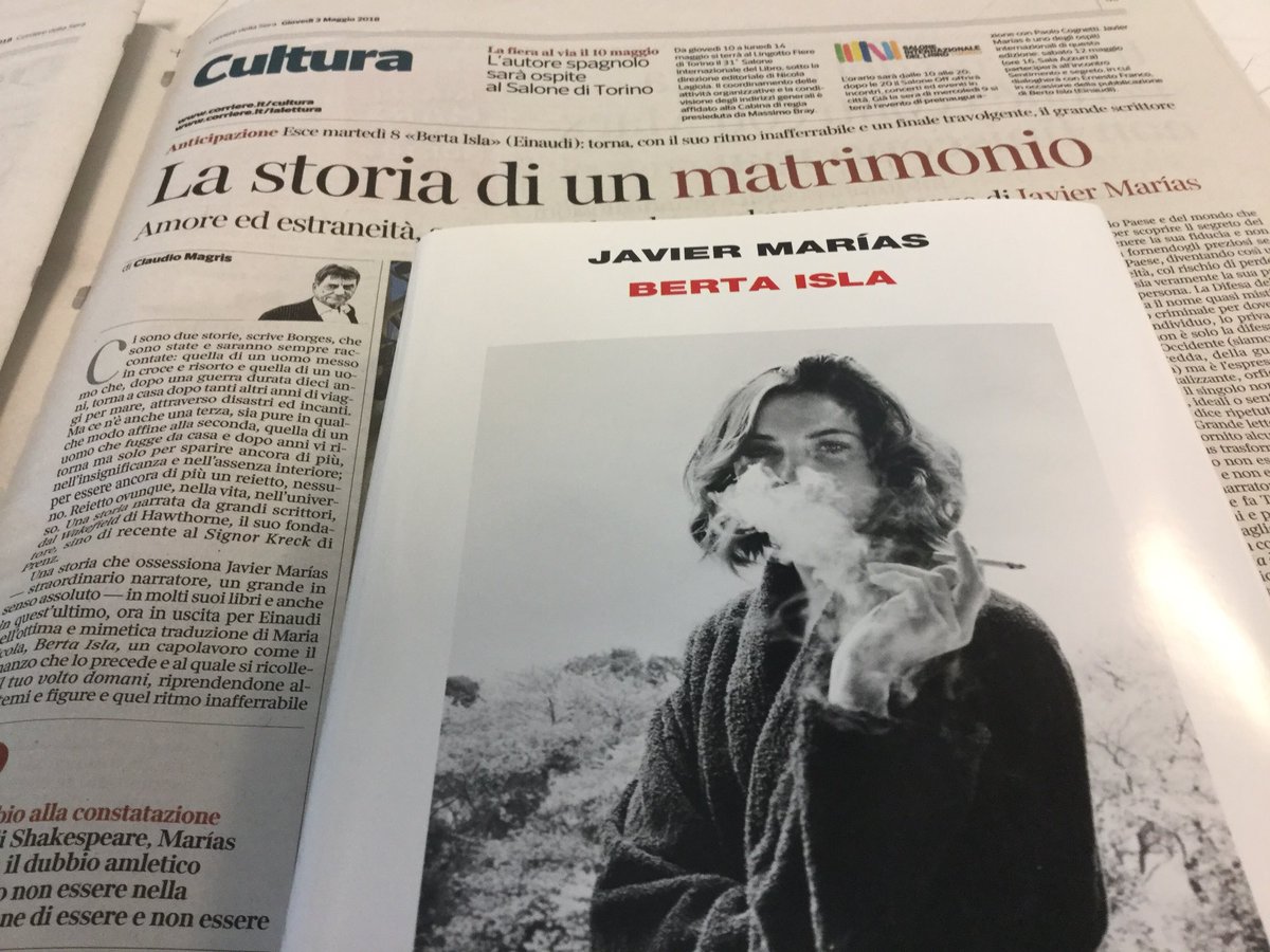 Einaudieditore's tweet photo. «Un capolavoro».
Claudio Magris recensisce oggi sul @Corriere BERTA ISLA, il nuovo romanzo di Javier Marías, in uscita l’8 maggio.
https://t.co/KjEWyFUKOa https://t.co/YQeCur98w5