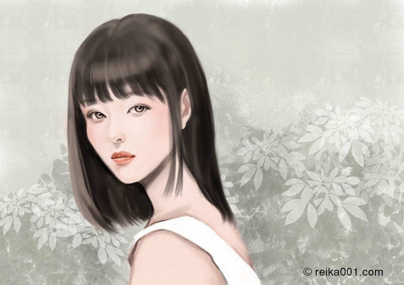 黎嘉 Reika Painting Illustration Graphicdesign 見返り美人 Illustration イラスト Photoshop 人物画 リアル 美人画 日本画 和風 女性 肖像画 黒髪 おかっぱ メイク 化粧 アジア ノスタルジック 浮世絵 Japanese デジタル 絵