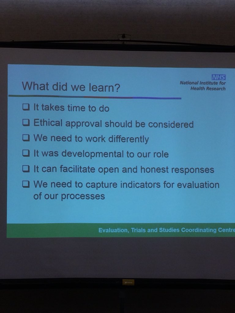 Brilliant start to the day. NETSCC @OfficialNIHR  Louise and Kay sharing their experience of demonstrating impact. Great talk 🤔 emoji already in action. Def shared across funding sector. Thanks #UKES2018evalconf