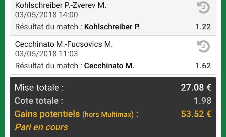 PronoSall's tweet photo. 📈Montante📈 

Objectif [5€👉🏼50€]
   ▶️Etape 4:    Mise: 27.08
🎾Kohlschreiber  👉🏼1,22
🎾Cecchinato 👉🏼1,62
👉🏼1,98         
#ParionsSport #TeamParieur #Montante 🤑 ♻️&amp;❤️ https://t.co/TJAOz6Trf4