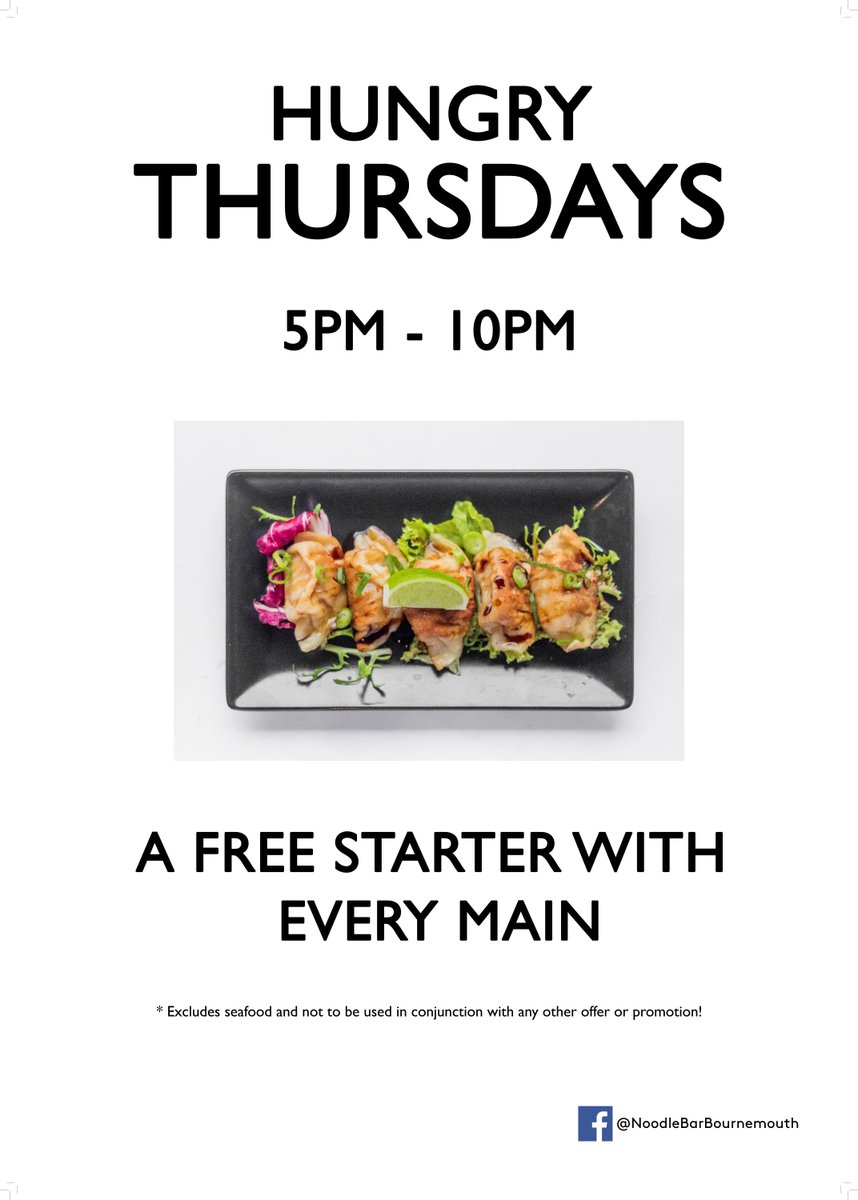 noodlebars's tweet photo. Ensure your Thursday doesn’t leave you running on empty! A Free Starter with Every Main on meals from the menu! #HungryThursdays #NoodleBar #Bournemouth https://t.co/imXsv0GTdn https://t.co/JGovRZbNGU