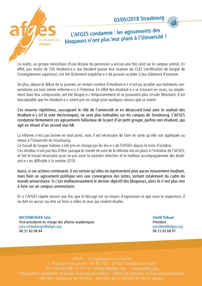 AFGES's tweet photo. L’AFGES condamne : les agissements des bloqueurs n’ont plus leur place à l’Université !

Les actions répétées des bloqueurs saccagent le rôle de l’université et se trouvent en désaccord total avec le souhait des étudiant-e-s !

Retrouvez le CdP ➡️ https://t.co/AvixZseF9w https://t.co/D5FxXIQGPy