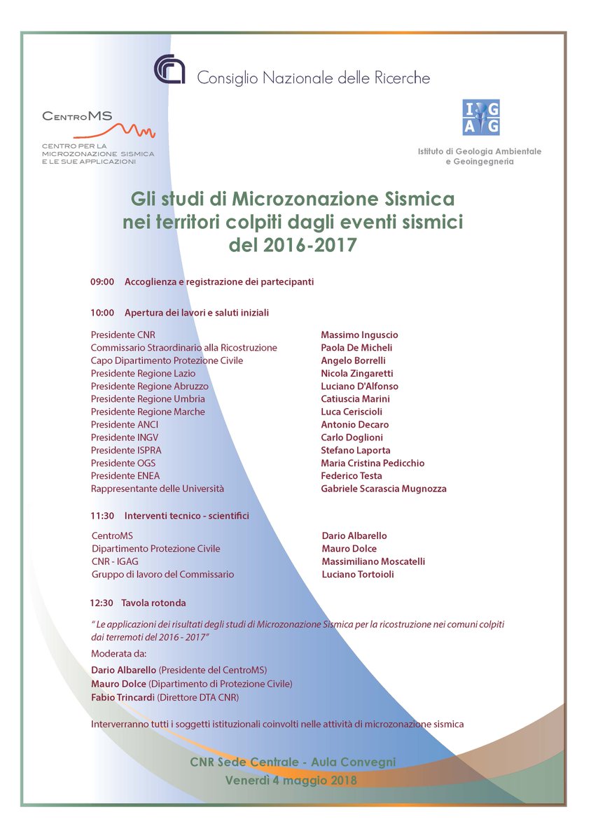 CNRsocial_'s tweet photo. #4maggio - sala convegni #Cnr Roma, giornata di presentazione attività svolte dal #CentroMS: 'Gli studi di #microzonazione sismica nei territori colpiti dagli eventi sismici del 2016-2017' a supporto delle zone colpite dal #sisma, con Igag #Cnr @CNRDTA https://t.co/5HcVudYmQ8 https://t.co/XtkNqndtKB