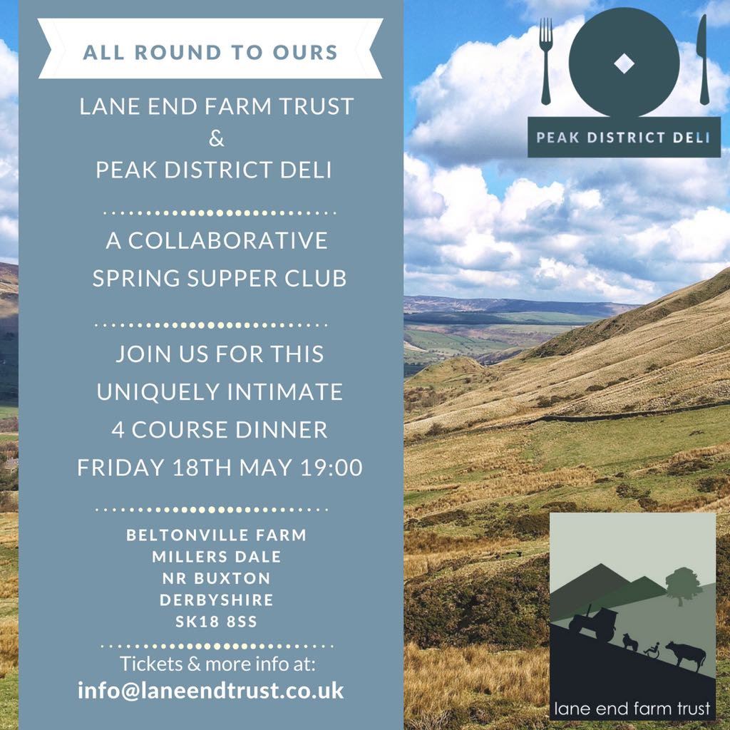 Fancy sampling the best of local produce in aid of a good cause? <a href="/Peak_Deli/">Peak District Deli</a> are hosting a pop-up dinner party at @LaneEndFarmTrst in Millers Dale on May 18 to support the rural charity's work with young people - visit laneendfarmtrust.co.uk  for details