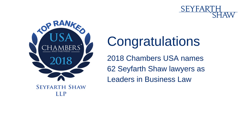 seyfarthshawLLP's tweet image. 2018 @ChambersGuides USA Names 62 Seyfarth Shaw Lawyers as Leaders in Business Law #ChambersUSA seyfarth.com/Accolades/2018…