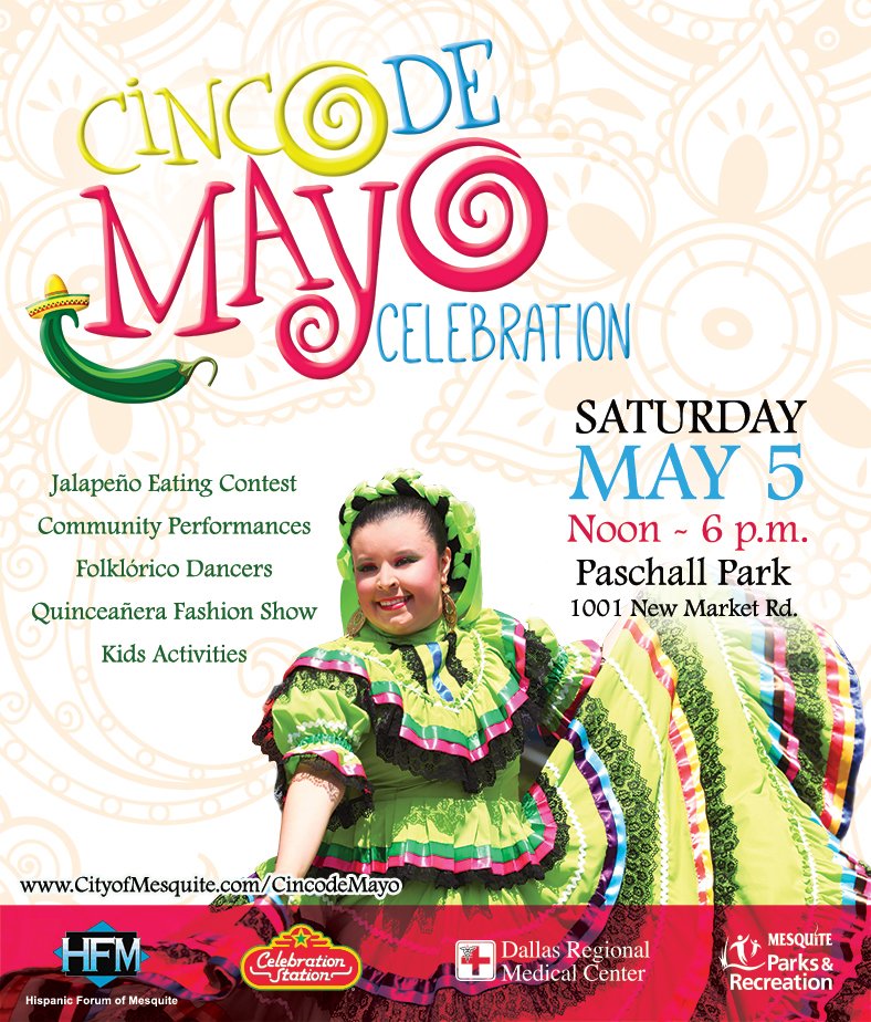 cityofmesquite's tweet photo. Reminder for the Mesquite Cinco De Mayo Celebration in partnership with The Hispanic Forum of Mesquite on Saturday, May 5 from noon to 6 p.m. at Paschall Park located at 1001 New Market Rd.
For more information visit: https://t.co/aUgT8qv5P0
#RealTexasFun, #CincoDeMayo https://t.co/c7FuaoSyVJ