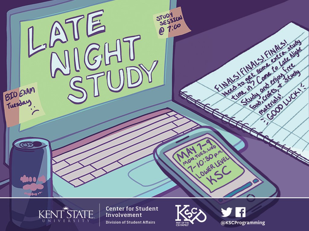 KSCProgramming's tweet photo. If you need a place to study during finals week, join us in the newly renovated lower level of the @KentStudentCntr!  We'll have free food and caffeine. #LateNightStudy https://t.co/tCC9NjeD9Y