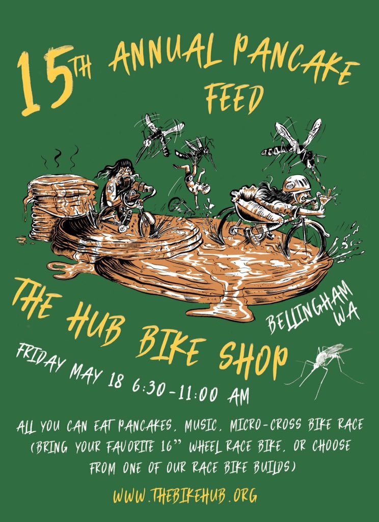 R3myte's tweet photo. Illustration for t shirt and poster for the HUB 15th Annual Pancake feed.
They Apparently get attacked by mosquitos every year during the race !
For more info about the event go to : https://t.co/sDmqqPup0Q 
#bike #Illustration #pancake https://t.co/zBZMmE2tUG