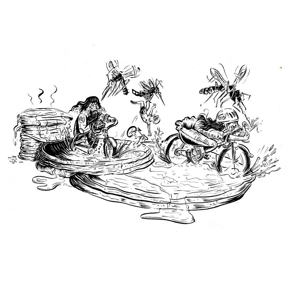 R3myte's tweet photo. Illustration for t shirt and poster for the HUB 15th Annual Pancake feed.
They Apparently get attacked by mosquitos every year during the race !
For more info about the event go to : https://t.co/sDmqqPup0Q 
#bike #Illustration #pancake https://t.co/zBZMmE2tUG