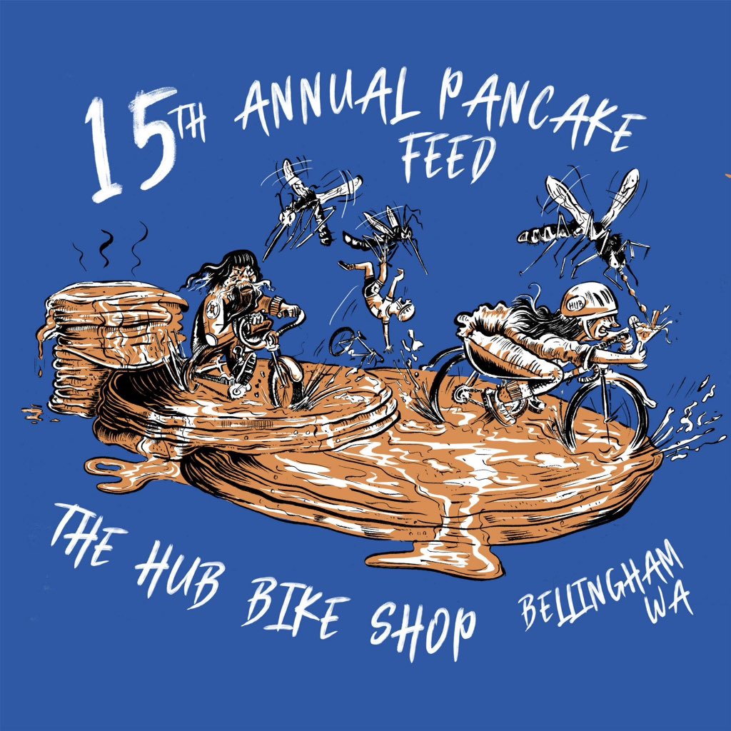 R3myte's tweet photo. Illustration for t shirt and poster for the HUB 15th Annual Pancake feed.
They Apparently get attacked by mosquitos every year during the race !
For more info about the event go to : https://t.co/sDmqqPup0Q 
#bike #Illustration #pancake https://t.co/zBZMmE2tUG