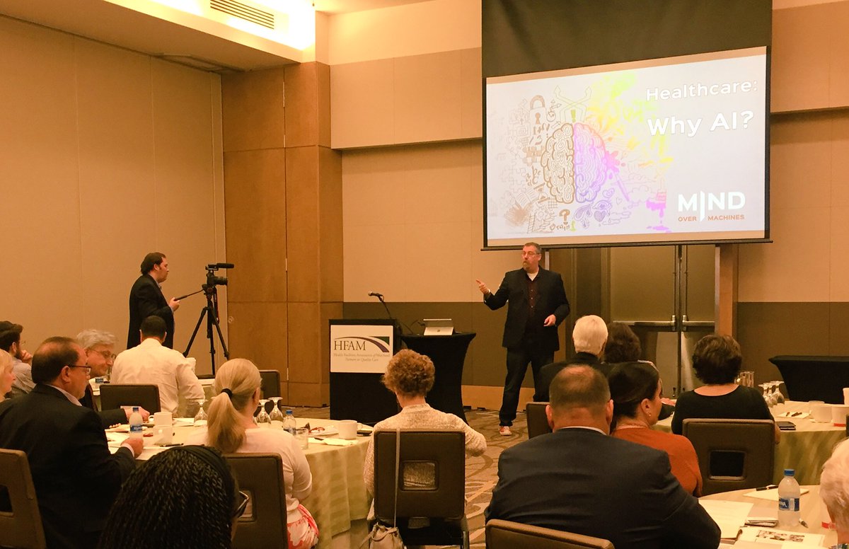HFAMCommunity's tweet photo. Interesting presentation from Tim Kulp of Mind Over Machines about artificial intelligence - how can humans and machines work together to build a better healthcare system. #HFAMLeadership https://t.co/th0HPAUzDC