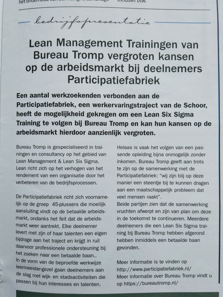 AlmerePF's tweet photo. @AlmerePF staat in de nieuwste editie van @almerezakennl met een #artikel over de #samenwerking met @BureauTromp.
We zijn namelijk heel blij met deze #partner, die #LeanSixSigma trainingen aanbiedt & daarmee de #arbeidsmarktkansen van onze deelnemers vergroot! https://t.co/KV6uxEB8iB