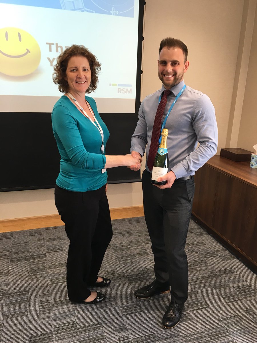 Congratulations to #RSM Swindon’s Pete Bethwaite for being promoted to supervisor. Well deserved! Here he is accepting a bottle of bubby from Swindon’s office managing partner <a href="/SharonOmerKaye/">Sharon Omer-Kaye</a>