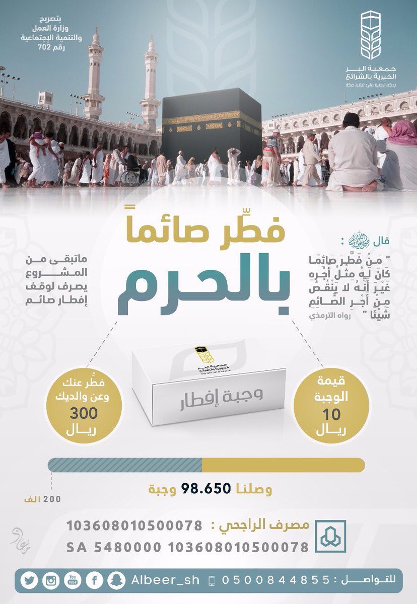 جريدة الرياض نماء تقدم 400 ألف وجبة إفطار صائم في الحرم المكي الشريف