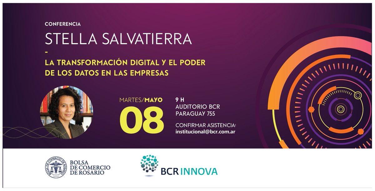 BolsaRosario's tweet photo. 🌐#BCRInnova | Conferencia Abierta de Stella Salvatierra. 

"La transformación digital y el poder de los datos en las empresas"

📌Paraguay 755
✍️Confirmar asistencia a: institucional@bcr.com.ar  

#CharlaAbierta https://t.co/XsYAkCbPvI