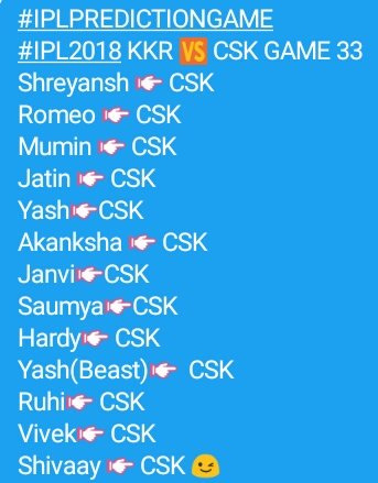 Akshay_Brigade's tweet photo. #IPLPREDICTIONGAME
#IPL2018 KKR ๐ CSK GAME 33 https://t.co/jBHtkbcTzk