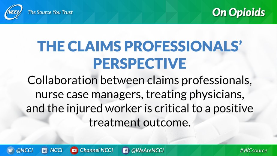 NCCI's tweet photo. Our On Opioids series continues with our 2nd installment - What do claims professionals have to say about the #OpioidEpidemic and #workerscomp? Read more here: https://t.co/v9B73Vu083 #OpioidCrisis #opioids https://t.co/dYNG2BOYpO