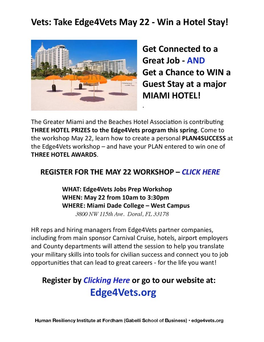 SchoolofJustice's tweet photo. 🛑@MDCWest Campus is offering the #Edge4Vets Workshop on May 22nd! 
This #free workshop offers veterans help translating their strengths from the military into tools for quality performance in civilian workplace.👔

🕙10:00 AM- 3:30 PM
Register online: https://t.co/BOBgBjdYxm https://t.co/4Fj2gZdyoR