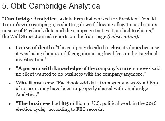 mkopNY's tweet photo. Amazing hubris: #CambridgeAnalytica is dead, only one year after their exuberant high-fives for winning the Presidency for DT.  This also confirms the slow train wreck which is called #Facebook. From @Axios. https://t.co/Abtpi8L2Ma