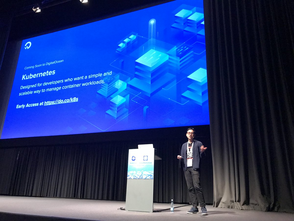 digitalocean's tweet photo. Our own @kimandrewsy at #Kubecon talking about how we've built a fast and reliable container network here at DigitalOcean 💪💙 https://t.co/0AcjFzsEyf