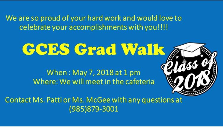 EMHSPatriots's tweet photo. Grand Caillou Middle is scheduled for a senior walk at noon on May 7th followed by the Elementary at 1PM! GO FUTURE PATRIOTS! https://t.co/VGKztS35HM