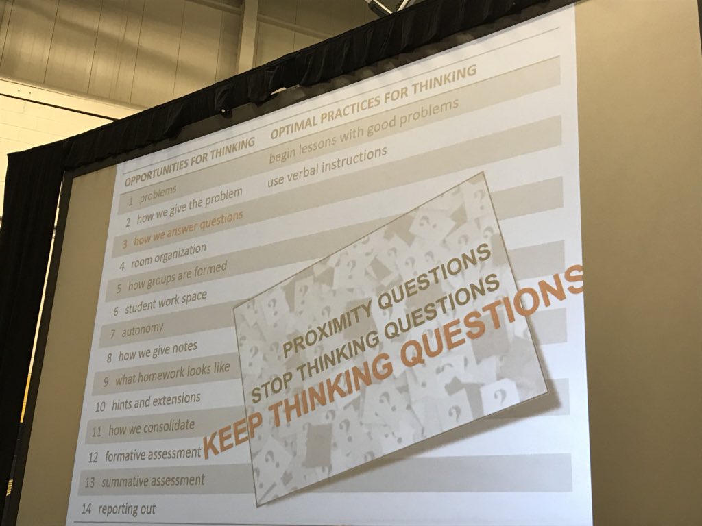 JudytaLarsen's tweet photo. Only answer keep thinking questions. Every question you get in the first few minutes of an activity is typically a stop thinking or proximity question. @pgliljedahl #OAME2018 https://t.co/YexvNlq4Kc