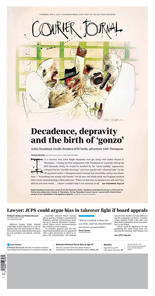 VilleDesign's tweet photo. Today's @courierjournal A1 illustrated by Ralph Steadman. #kentuckyderby #newsdesign https://t.co/Wl8i5CPgvT https://t.co/hlfhG8t7OH