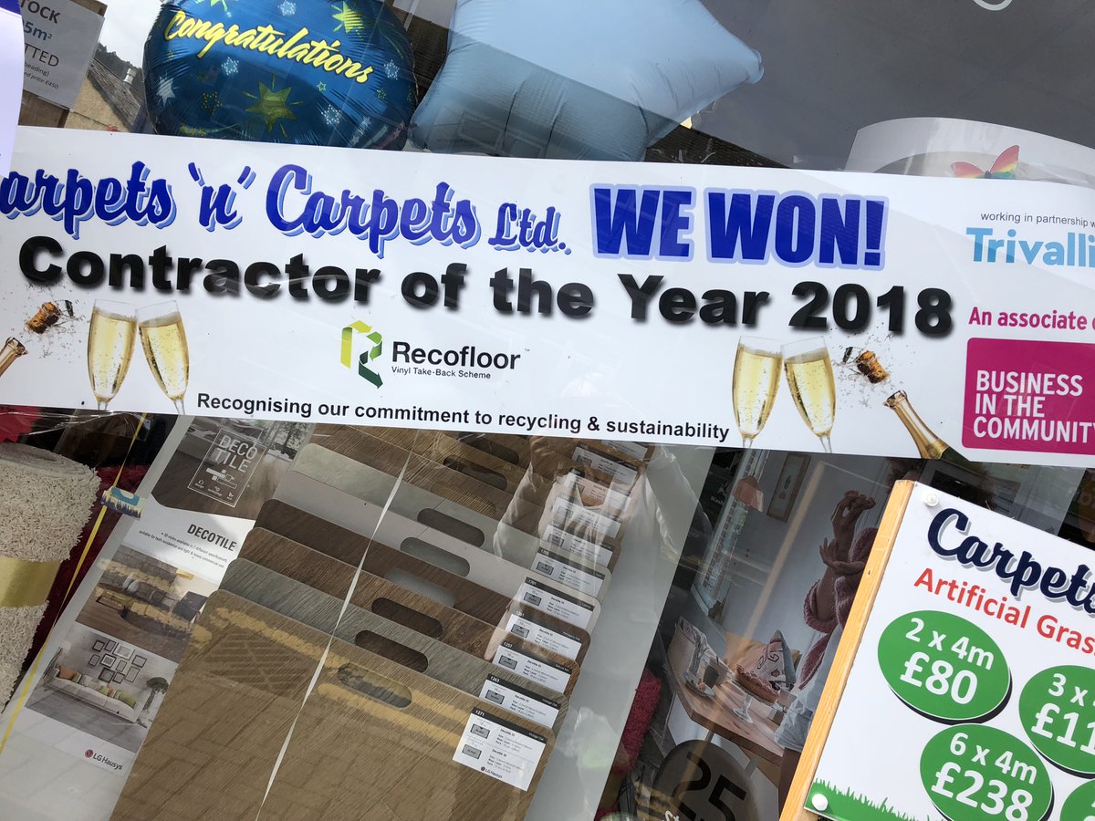CarpetsnCarpets's tweet photo. Proudly displaying our 2018 "Contractor of the Year" banners!  
#recycling @CFA_Association @Recofloor @Polyflorltd @AltroFlooring #rhondda #contractflooring @BITCWales @WeAreTrivallis #responsiblebusiness #sustainability https://t.co/xs6kuEQZiO